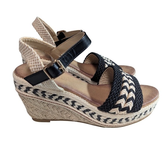 Shoes - Womens Wedge Espadrille Sandals Black Beige Braided Ankle Strap